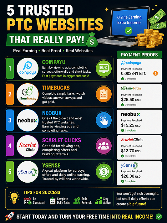# 5 Trusted PTC Websites That Really Pay 💰Many people think online earning is fake, but some...